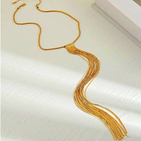 Gold Plated Tassel Fringe Long Statement Necklace - Picture 3 of 6
